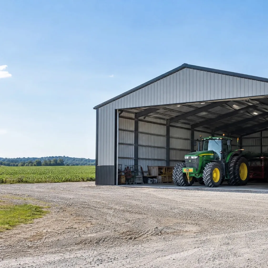 Steel farm building with a tractor inside the open end wall