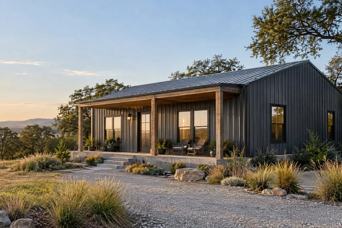 Dark grey steel barndominium cabin with a covered timber porch overlooking rolling hills at sunrise