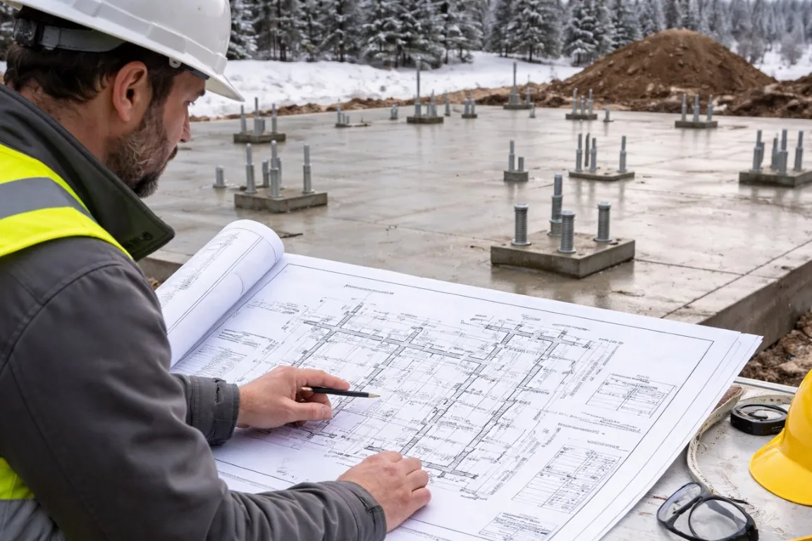 Engineer reviewing steel building drawings on a Canadian job site