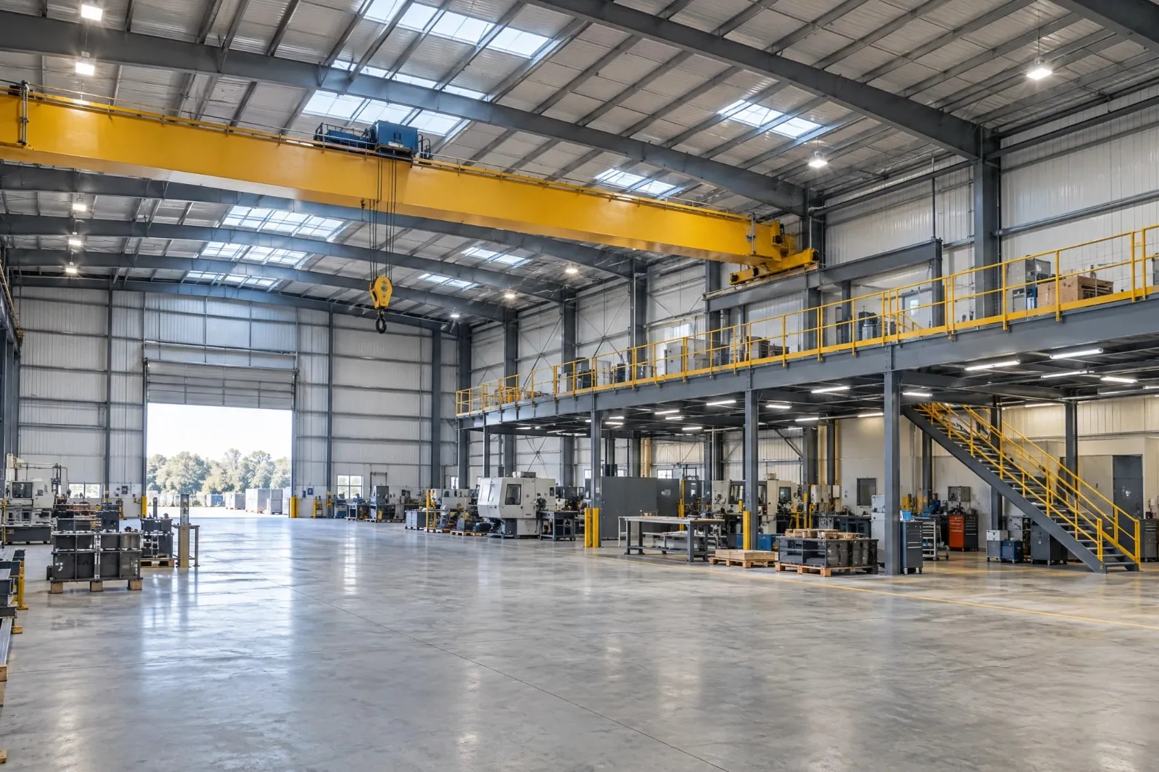Steel industrial building interior with an overhead crane and mezzanine