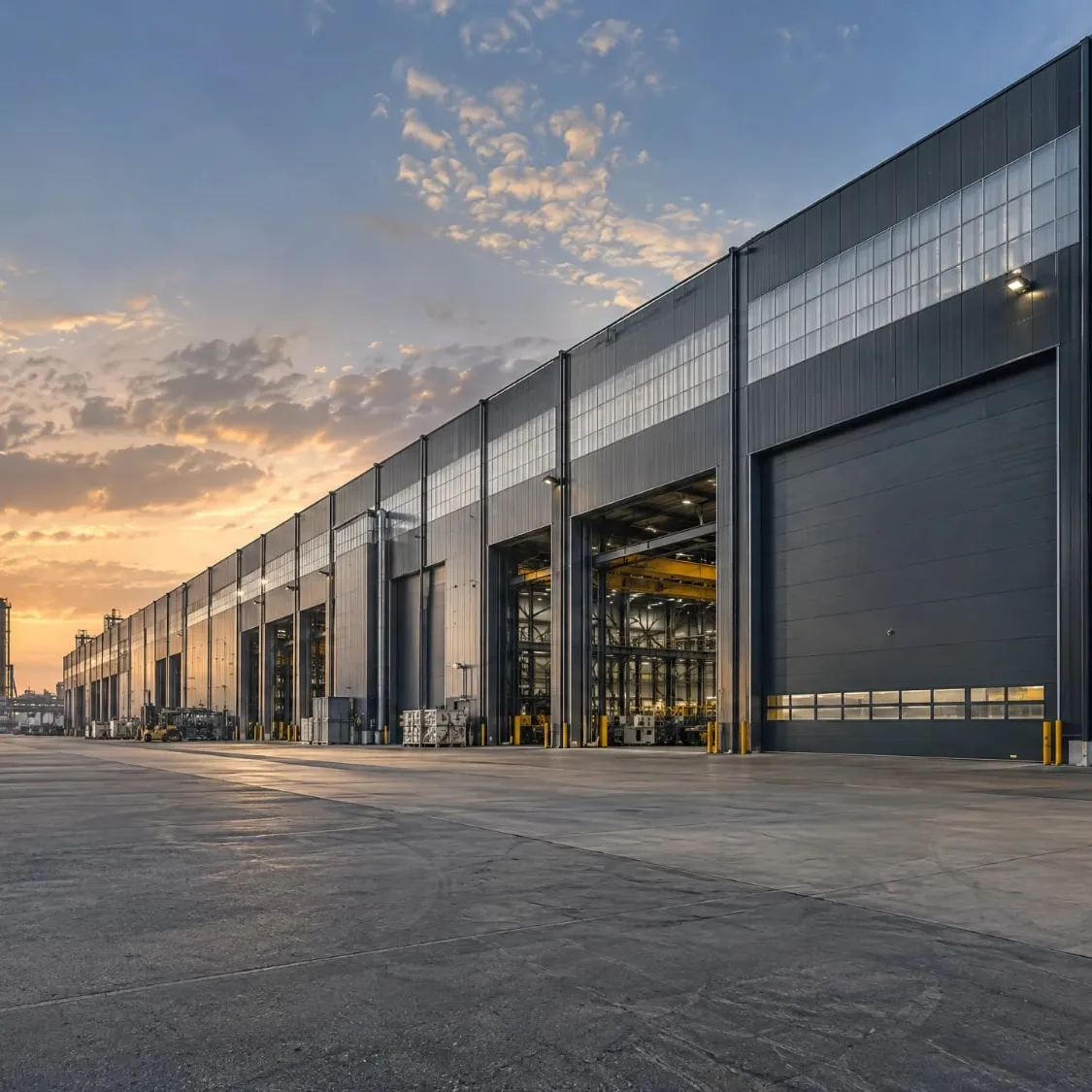 Large steel manufacturing plant with tall overhead doors at sunset