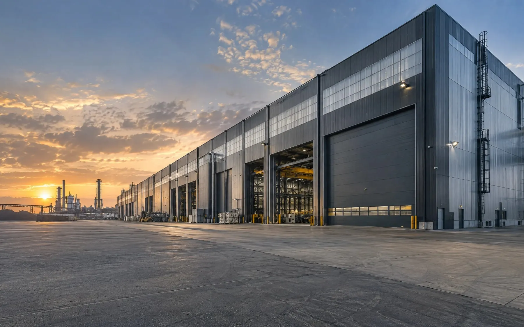 Large steel manufacturing plant with tall overhead doors at sunset