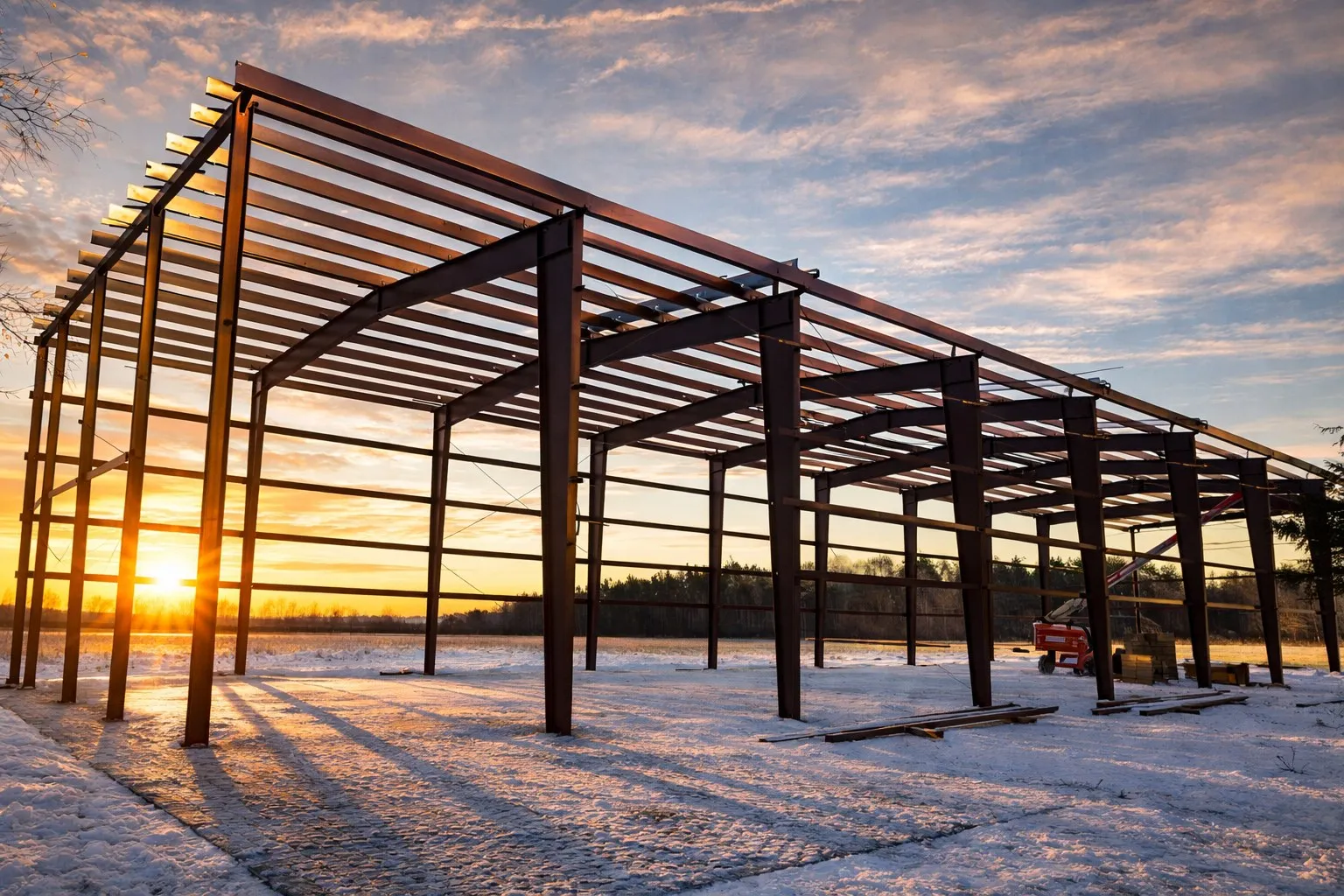 Steel building frame standing in snow at sunset