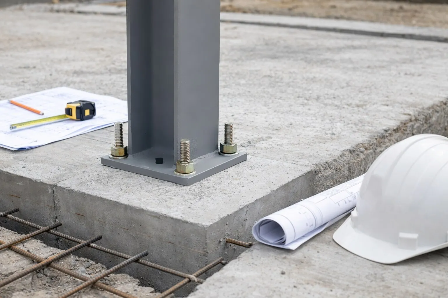 Steel column base anchored to a concrete foundation