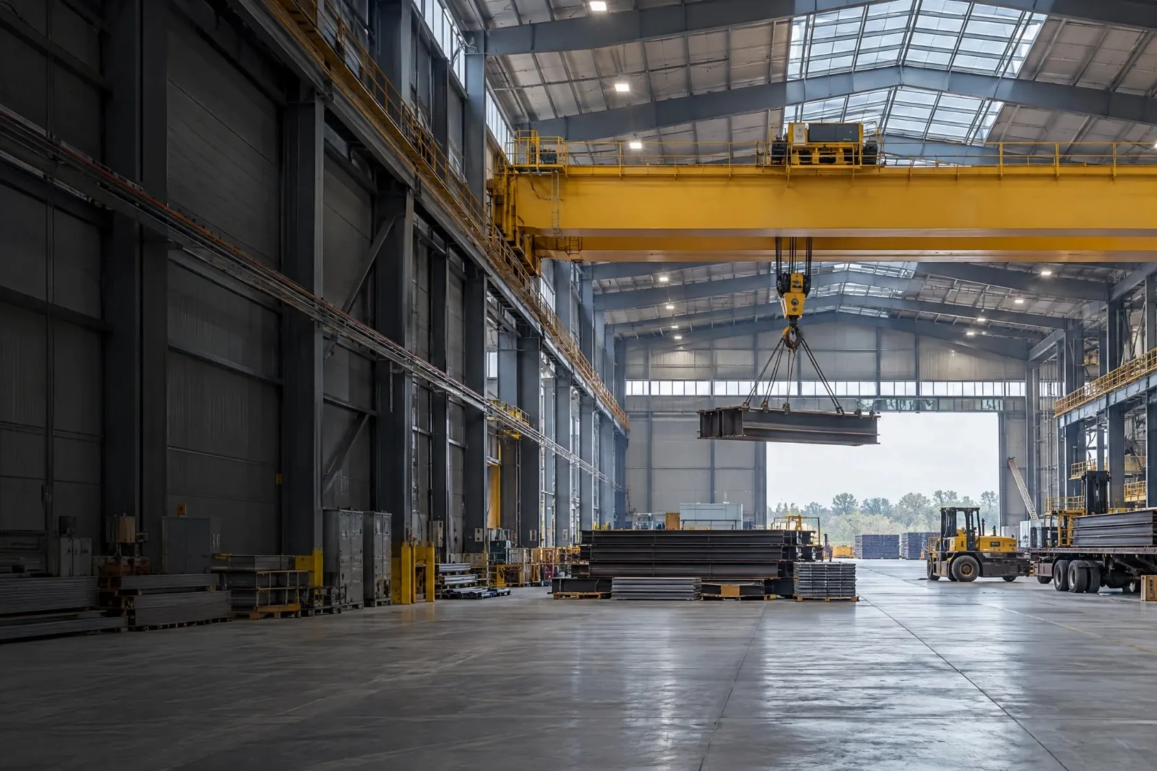 Overhead crane lifting a steel beam in a fabrication plant